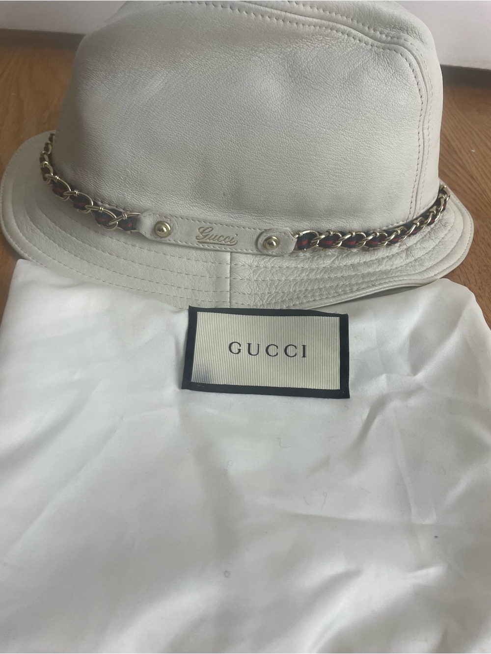Gucci Cream Leather Bucket Hat with Gold Chain Trim
